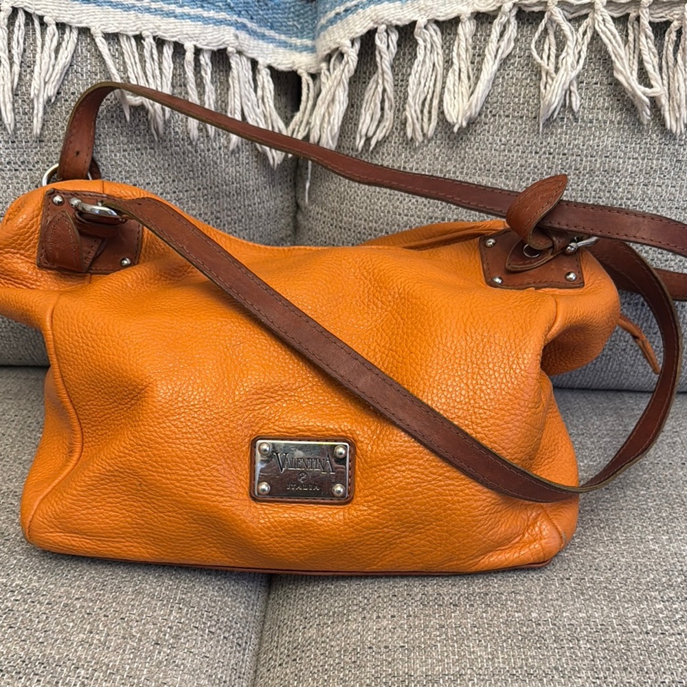 Valentina Orange and Brown Leather Shoulder Bag with Hobo Design